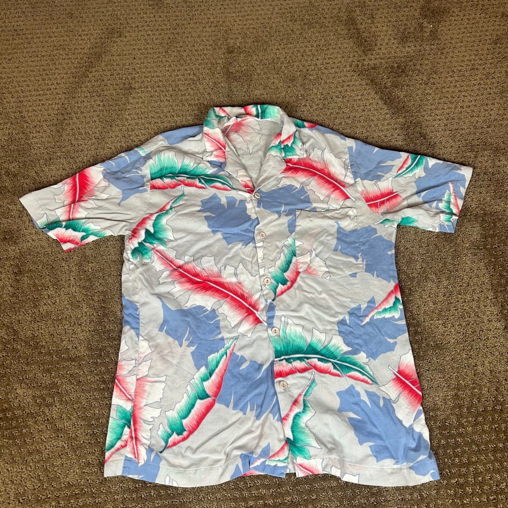 Islander Button Up Shirt Mens Medium Gray Pink Teal Tropical Leaf Rayon Aloha